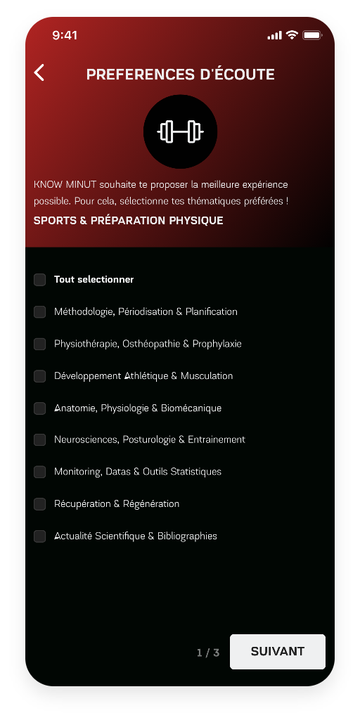 Choix des centres d'intérêt - Application KnowMinut